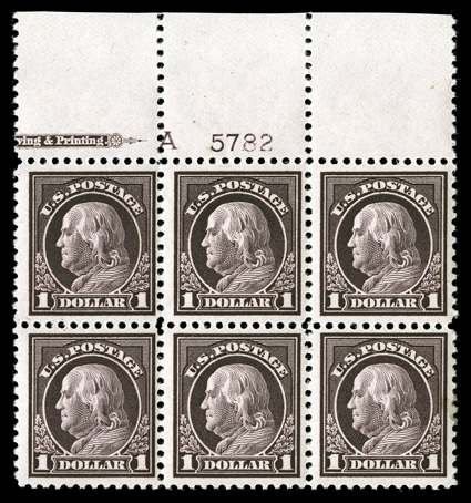 518, $1.00 Violet brown, full top margin partial imprint, letter A and plate no. 5782 block of six, rich color, o.g., n.h., a couple minor gum skips and bottom right stamp with
small gum soak in right margin, fine-very fine cataloged as six s