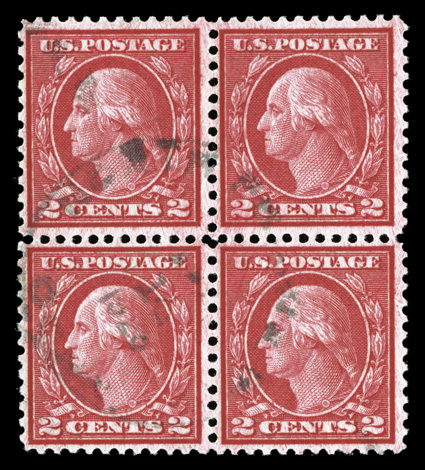 546, 2c Carmine rose coil waste, Ty. III, perf. 11, scarce used block of four, dazzling color that is incredibly deep and fiery, uncharacteristically well centered and margined
for a coil waste block, light c.d.s. cancel, bottom right stamp wi