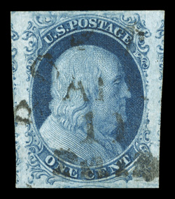 9, 1c Blue, Ty. IV, position 28L1L, a striking used single, possessing margins that are enormously wide, plus deep luxuriant color and a razor-sharp impression on bright white
paper, light town cancel, an extremely fine gem 2008 PF certificate