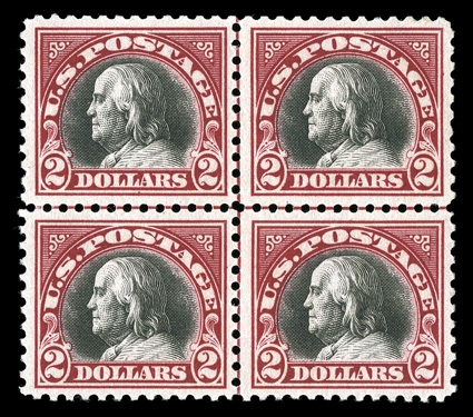 547, $2.00 Carmine and black, center line block of four, well centered and with strong colors, o.g., never hinged except bottom right stamp with just a faint suggestion of a
hinged mark, very fine cataloged as four singles.
