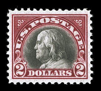547a, $2.00 Lake and black, an exceedingly choice mint single that is remarkably well centered amid large balanced margins, deeply rich colors and sharp impressions, flawless
o.g., n.h., extremely fine a gem mint example of this popular stamp
