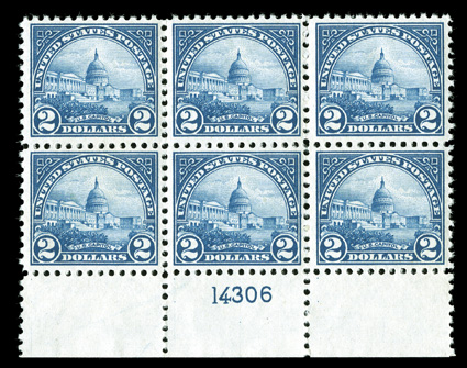 572, $2.00 Deep blue, bottom margin plate no. 14306 block of six, nicely centered, fresh and intact, o.g., n.h., very fine.