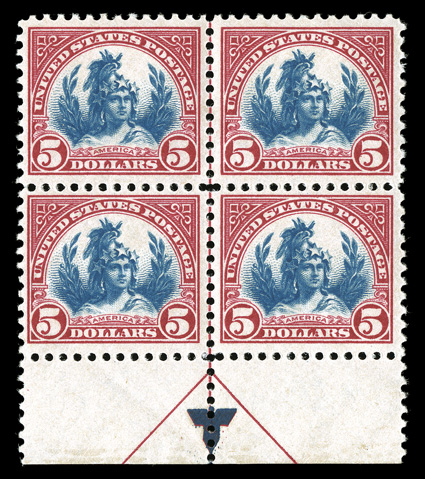 573, $5.00 Carmine and blue, bottom margin arrow block of four, bright colors, nicely centered, o.g., n.h., a couple trivial gum skips, small natural inclusion in top right
stamp, very fine clear 1981 PF certificate cataloged as four never hin