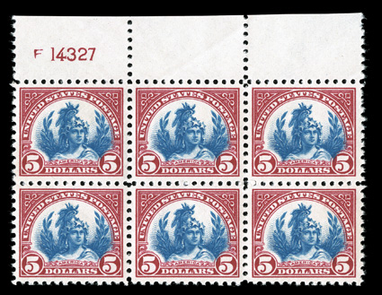 573, $5.00 Carmine and blue, top sheet-margin block of six with plate no. 14327, choice centering and post office fresh, o.g., n.h., extremely fine.