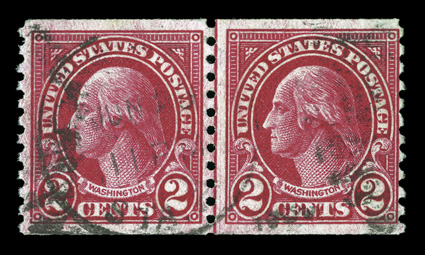 599, 599A, 2c Carmine coil, Ty. I and Ty. II combination joint line pair, scarce used line pair, brilliant color, light cancel, right stamp with trivial thin spot, otherwise
fine-very fine 2003 PSE certificate (G 30 SMQ $170.00).