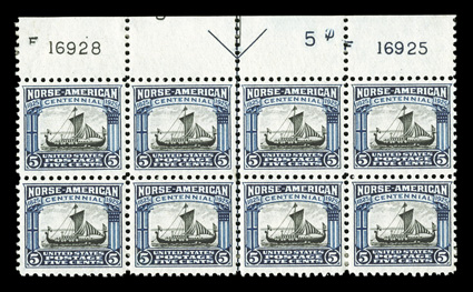 620-21, 2c and 5c Norse-Americans mint group consisting of a set of arrow blocks, a set of plate blocks, plus additional 2c plate block, 2c full sheet, 5c used block and arrow
strip of four, o.g., many never hinged, fine-very fine.