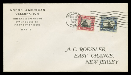 620-21, 2c and 5c Norse-Americans cplt., set of Roessler first cachet first day covers from the seven official cities, each with a complete set on the Roessler corner card
cachet and address, a fresh and well-matched set, very fine.