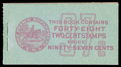 BK82a, Unexploded booklet of eight 2c Carmine lake panes of six (634e), an extremely rare complete booklet of the rare carmine lake pane, quite fresh, the top pane with a few
perf. separations, top right of front cover with minor crease mention