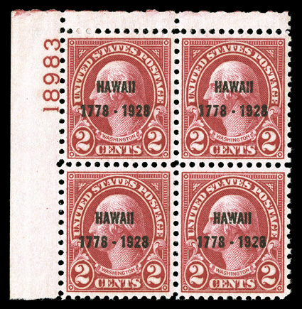 647, 2c Hawaii ovpt., gem top left margin plate no. 18983 block of four, remarkably well centered throughout, deep vibrant color, o.g., n.h., extremely fine.