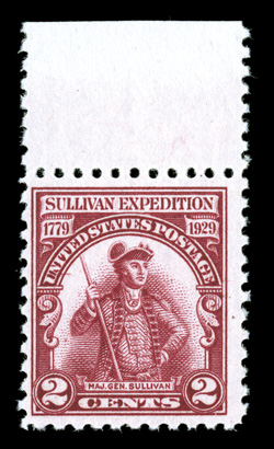 657a, 2c Sullivan, lake shade, top sheet-margin single, vibrant color, o.g., n.h., trivial tiny natural gum disturbance, fine 2001 PSE certificate for a block of four, this
being the top right stamp.