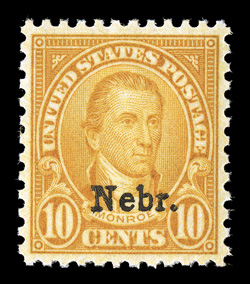 679, 10c Nebr. ovpt., uncommonly well centered and margined, bright color, o.g., n.h., extremely fine 2007 PSE certificate (XF 90 SMQ $295.00).