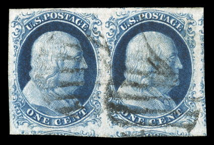 9, 1c Blue, Ty. IV, a beautiful used horizontal pair, possessing not only lavish margins all around, but also exceedingly fresh, with deep color and a razor-sharp impression on
especially bright paper, light grid cancels, extremely fine 2008 PS