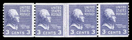 842 var., 3c Deep violet, Bureau paste-up, joint line strip of four with Bureau paste-up joining the two pairs, the two middle stamps both showing joint lines, o.g., n.h., fine
the first example of this unusual line pair we have seen 2009 PF c