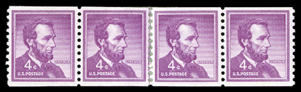 1058 var, 4c Red violet, Bureau paste-up, another rare strip of four with Bureau paste-up joining the two pairs, with guide line on left stamp, o.g., n.h., very fine 2009 PF
certificate.