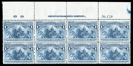 230, 1c Columbian, full top margin letters OO, imprint and plate No. 159 block of eight, incredibly fresh and bright, rich color and crisp impression, marvelously well centered
throughout, o.g., n.h., extremely fine a very scarce plate bloc