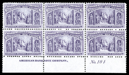 235, 6c Columbian, an incredibly fresh bottom margin imprint and plate No. 104 block of six, with vivid rich color and a sharp impression on crisp white paper, remarkably well
centered throughout, strong and intact perforations all around, o.g
