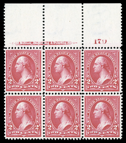 267, 2c Carmine, Ty. III, handsome full top margin imprint and plate no. 170 block of six, wonderfully bright and fresh, particularly well centered, o.g., n.h., very fine an
especially choice full top plate block.