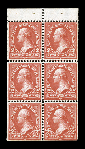 279Bk, 2c Orange red, Ty. IV, vertical watermark, booklet pane of six, pos. E, an incredibly choice example of this perennially difficult booklet pane, well centered and
margined for this, post office fresh and intact, unblemished o.g., n.h., ex