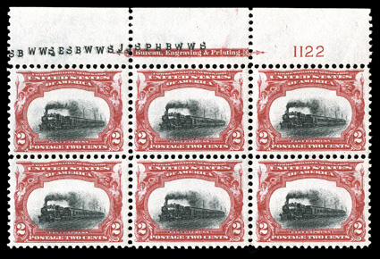 295, 2c Pan-American, highly select full top margin imprint and plate no. 1122 block of six, crisp and intact, especially deep colors, outstanding centering and margins
throughout, o.g., n.h., extremely fine a gem plate block 2005 PF certifica