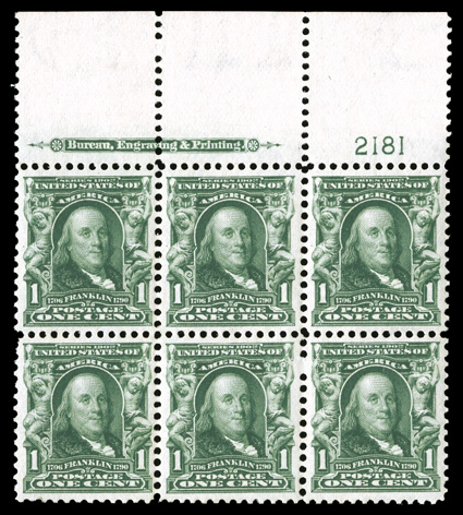 300, 1c Blue green, an impressive full top margin imprint and plate no. 2181 block of six, being extraordinarily well centered throughout, deep luxuriant color on fresh white
paper, crisp and intact perforations, immaculate o.g., n.h., extremely