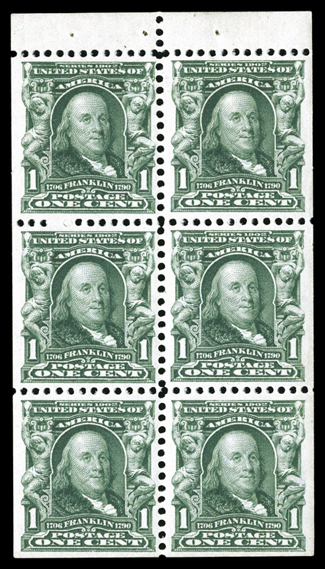 300b, 1c Blue green booklet pane of six, pos. A, well centered and uncommonly large margins all around, luxuriant deep color, strong and intact, o.g., l.h., choice very
fine.