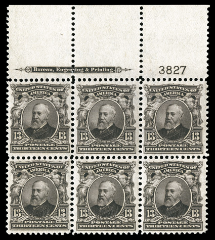 308, 13c Purple black, gorgeous full top margin imprint and plate no. 3827 block of six, sumptuously rich color, especially well centered, fresh and crisp, o.g., faint trace of
hinging in the bottom center stamp, others n.h., extremely fine an