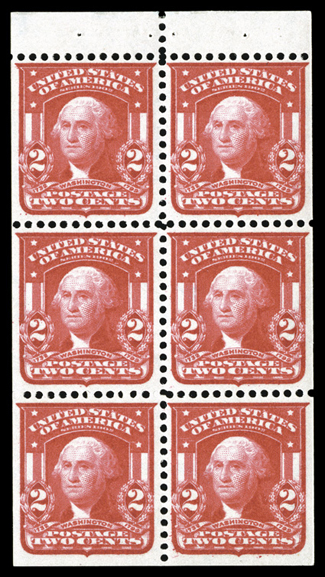 319g, 2c Carmine, booklet pane of six, pos. A, a flawless mint pane, incredibly well centered, large even margins all around, radiant color on fresh white paper, crisp and
intact, pristine o.g., n.h., extremely fine 2001 PF certificate.