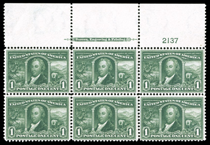 323, 1c Louisiana Purchase, full top margin imprint and plate no. 2137 block of six, luxuriant deep color, strong and intact perforations, pristine o.g., n.h., fresh and very
fine.