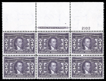325, 3c Louisiana Purchase, an eye-catching extra-wide full top margin imprint and plate no. 2102 block of six, being exceptionally well centered for a plate block of this,
with deep rich color on crisp white paper, post office fresh, strong and