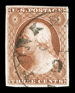 10, 3c Orange brown, lovely used single, with uncommonly large margins all around, brilliantly rich color and a well incised impression, c.d.s. town cancel, extremely fine 2007
PF certificate.