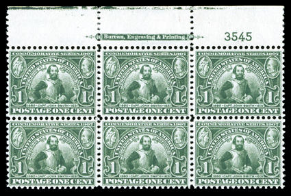 328, 1c Jamestown, a fantastic full top margin imprint and plate no. 3545 block of six, being in a quality that is rarely encountered, extraordinarily well centered for this
notoriously difficult issue, with the perforations clearing the design