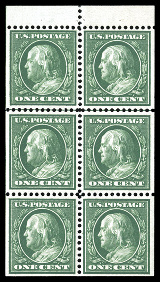 331a, 1c Green booklet pane of six, pos. E, an especially choice mint example, near perfect centering and uncommonly large margins, deep rich color on fresh paper, o.g., n.h.,
an extremely fine gem.