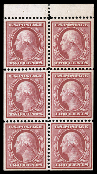 332a, 2c Carmine booklet pane of six, pos. E, with guide line between first two rows, outstanding centering, bright color, fresh and intact, o.g., n.h., extremely fine a gem
pane 2001 PF certificate.