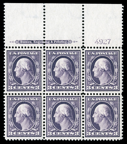 333, 3c Deep violet, full top margin imprint and plate no. 4927 block of six, remarkably well centered, strikingly intense color and impression on bright paper, o.g., five
stamps n.h., top center stamp lightly hinged, just a couple trivial separ