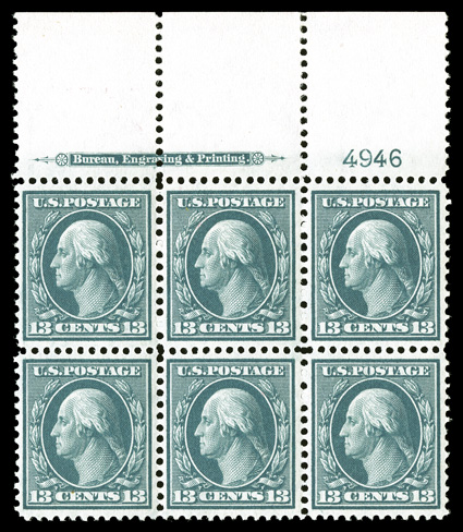 339, 13c Blue green, an incredibly choice full top margin imprint and plate no. 4946 block of six of this always challenging value, extraordinarily well centered throughout,
with each stamp beautifully centered amid balanced margins, plus its co