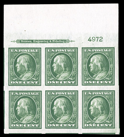 343, 1c Green imperforate, superb full top margin imprint and plate no. 4972 block of six, featuring extravagantly large margins on the other three sides including bits of
eight adjoining stamps, bright and fresh, immaculate o.g., n.h., an extre