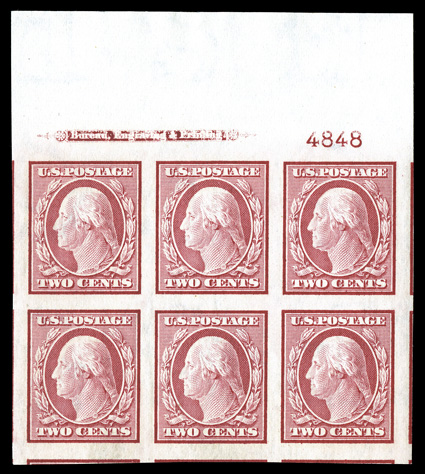 344, 2c Carmine imperforate, visually striking full top margin imprint and plate no. 4848 block of six, possessing lavishly wide margins on the other three sides showing bits
of eight adjacent stamps, bright and fresh, pristine o.g., n.h., an ex