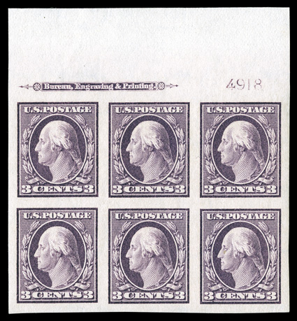 345, 3c Deep violet imperforate, full top margin imprint and plate no. 4918 block of six, being in a condition that would please even the most fastidious collector, with
uniformly oversized margins all around, rich luxuriant color and strong imp