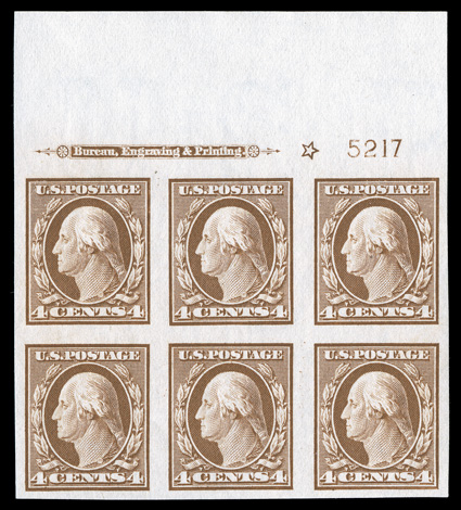 346, 4c Orange brown imperforate, choice full top margin imprint, star and plate no. 5217 block of six, wonderfully bright and fresh, large margins all around, immaculate o.g.,
n.h., extremely fine ex-Gray.