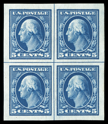 347, 5c Blue imperforate, impressive center line block of four, boasting extravagantly wide margins all around, deep rich color on crisp white paper, unblemished o.g., n.h., an
extremely fine gem whose equal may not exist.