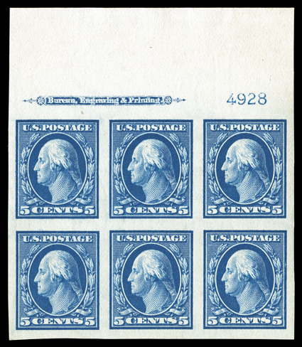 347, 5c Blue imperforate, gem full top margin imprint and plate no. 4928 block of six, extraordinarily large and wonderfully well balanced margins, sumptuously rich color,
pristine o.g., n.h., natural inclusion speck in sheet selvage, extremely