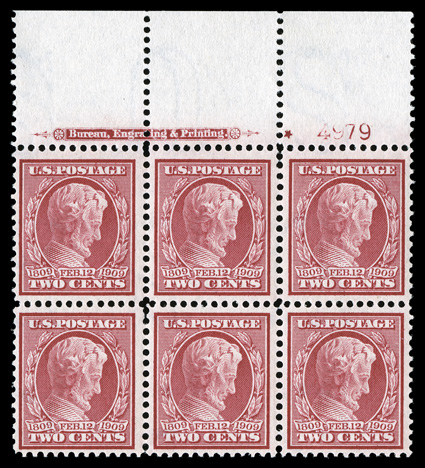 367, 2c Lincoln, full top margin plate no. 4979 block of six, excellent centering and large margins, crisp and intact, o.g., l.h. on the bottom center stamp, the others n.h.,
extremely fine ex-Gray.