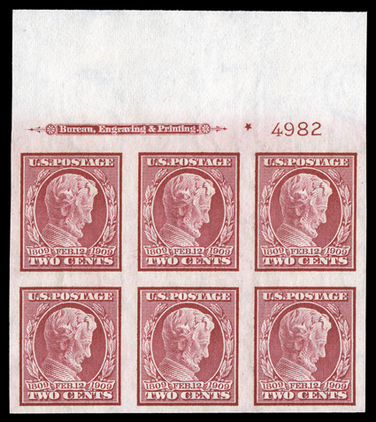 368, 2c Lincoln imperforate, full top margin imprint, small solid star and plate no. 4982 block of six, exceptionally well margined, deep rich color, o.g., n.h., extremely fine
a select full top plate block ex-Gray.