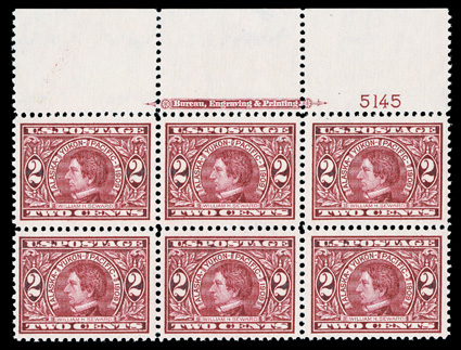 370, 2c Alaska-Yukon, an unusually select full top margin imprint and plate no. 5145 block of six, strikingly intense fiery color, outstanding centering and margins, o.g.,
n.h., extremely fine a plate block for the collector who seeks only pr