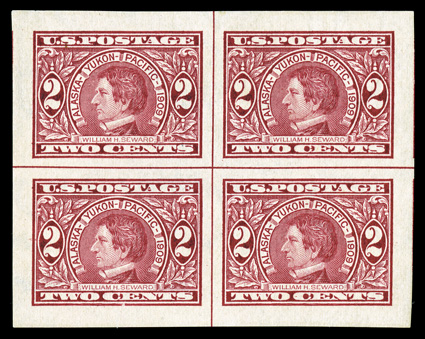 371, 2c Alaska-Yukon imperforate, eye-catching center line block of four, featuring enormous margins all around, post office fresh, pristine o.g., n.h., an extremely fine gem
1988 PF certificate.