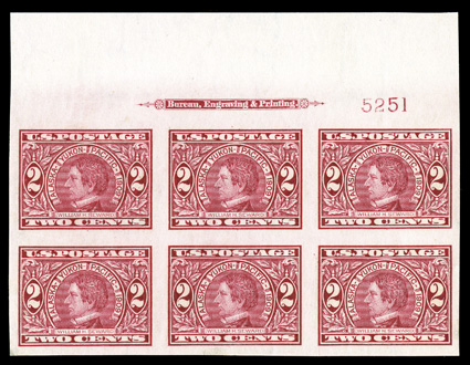 371, 2c Alaska-Yukon imperforate, select full top margin imprint and plate no. 5251 block of six, with large margins all around, bright and fresh, o.g., n.h., extremely
fine.