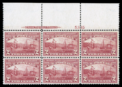 372, 2c Hudson-Fulton, a most remarkable quality full top margin imprint and plate no. 5395 block of six, possessing the finest centering we have ever encountered on this plate
block, with each stamp boasting unusually large and well balanced ma