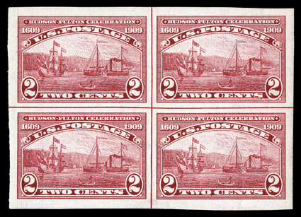 373, 2c Hudson-Fulton imperforate, outstanding center line block of four, with huge margins all around, rich color on fresh paper, o.g., n.h., extremely fine and
choice.
