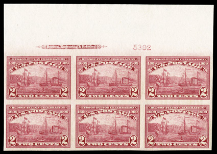 373, 2c Hudson-Fulton imperforate, handsome full top margin imprint and plate no. 5302 block of six, generous even margins all around, bright and fresh, immaculate o.g., n.h.,
extremely fine.