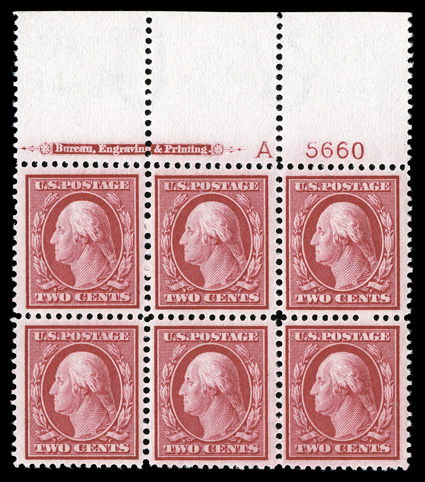375, 2c Carmine, full top margin imprint, letter A and plate no. 5660 block of six, gorgeous intensely rich color, prooflike impression on immaculate paper, outstanding
centering, o.g., four stamps n.h., two center stamps very lightly hinged,